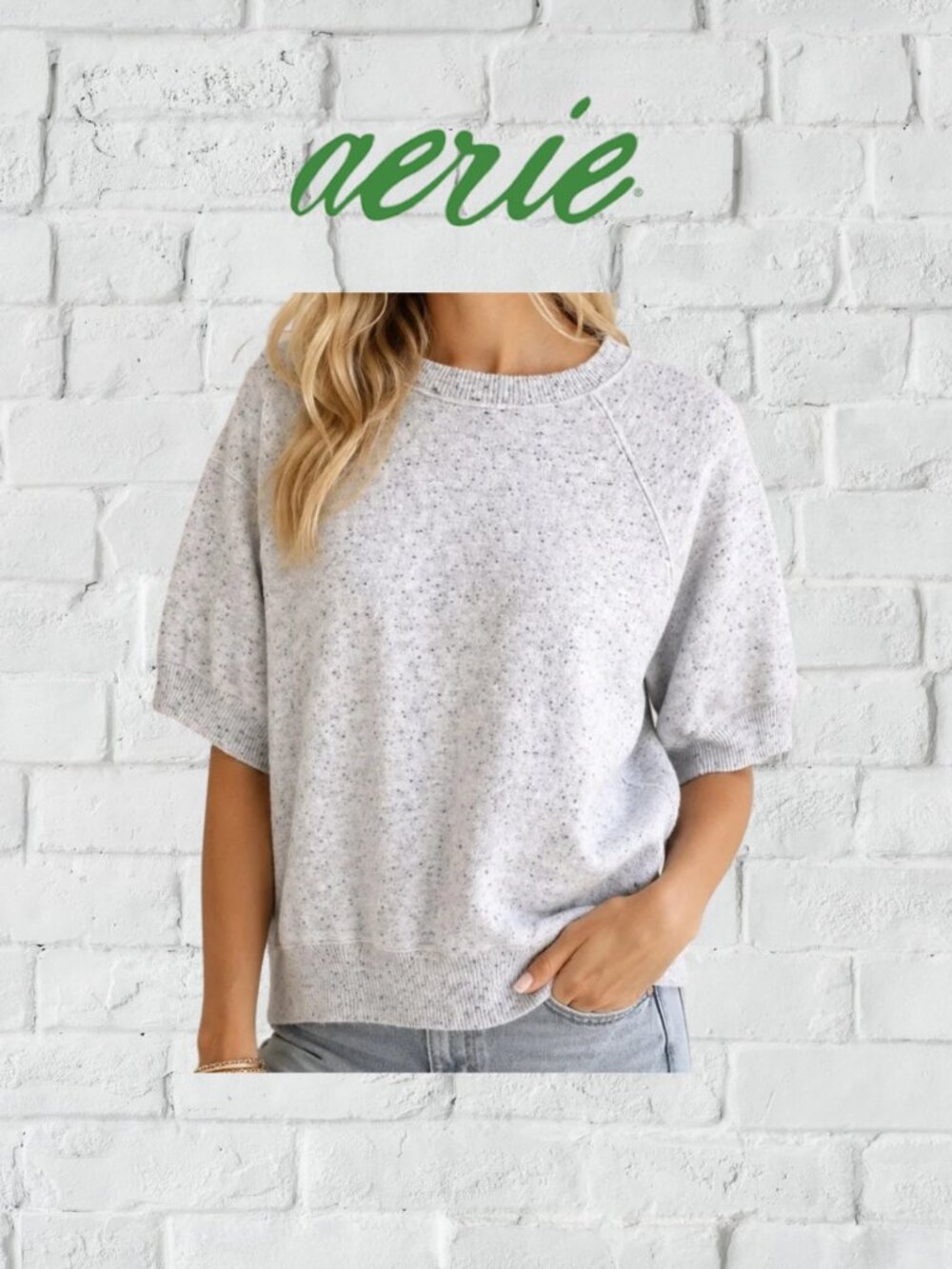 Aerie Short Sleeve Crewneck Sweatshirt - Oatmeal Speckled - Size M